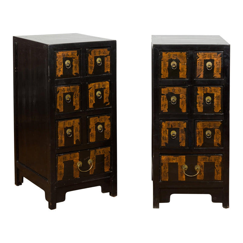 Pair of Chinese Qing Dynasty Black Lacquer Apothecary Cabinets with Calligraphy-YN1390-1. Asian & Chinese Furniture, Art, Antiques, Vintage Home Décor for sale at FEA Home