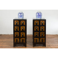 Pair of Chinese Qing Dynasty Black Lacquer Apothecary Cabinets with Calligraphy