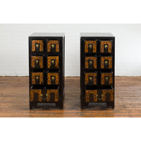 Pair of Chinese Qing Dynasty Black Lacquer Apothecary Cabinets with Calligraphy