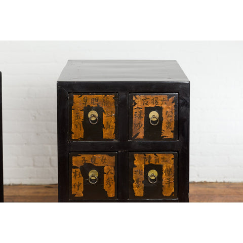 Pair of Chinese Qing Dynasty Black Lacquer Apothecary Cabinets with Calligraphy-YN1390-6. Asian & Chinese Furniture, Art, Antiques, Vintage Home Décor for sale at FEA Home