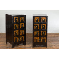 Pair of Chinese Qing Dynasty Black Lacquer Apothecary Cabinets with Calligraphy