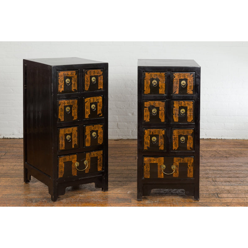 Pair of Chinese Qing Dynasty Black Lacquer Apothecary Cabinets with Calligraphy-YN1390-7. Asian & Chinese Furniture, Art, Antiques, Vintage Home Décor for sale at FEA Home