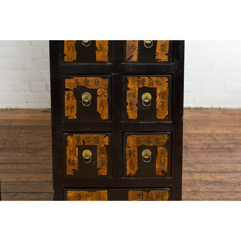 Pair of Chinese Qing Dynasty Black Lacquer Apothecary Cabinets with Calligraphy-YN1390-8. Asian & Chinese Furniture, Art, Antiques, Vintage Home Décor for sale at FEA Home