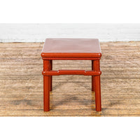 Qing Dynasty 19th Century Red Lacquer Side Table with Humpback Stretcher