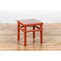 Qing Dynasty 19th Century Red Lacquer Side Table with Humpback Stretcher