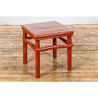 Qing Dynasty 19th Century Red Lacquer Side Table with Humpback Stretcher