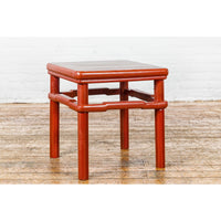 Qing Dynasty 19th Century Red Lacquer Side Table with Humpback Stretcher