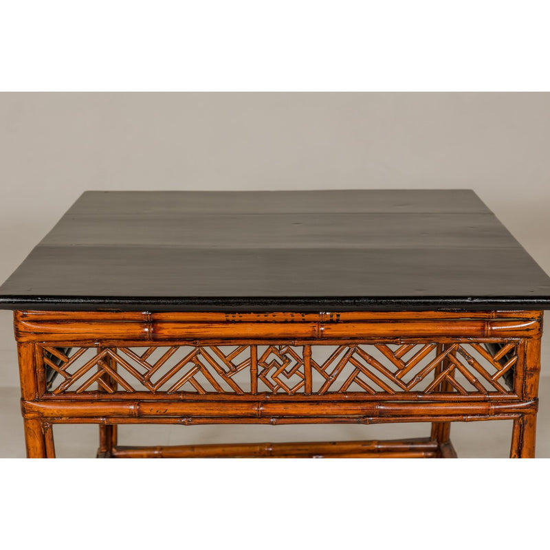 Bamboo Qing Dynasty Center Table with Geometric Apron and Black Lacquered Top-YN1416-10. Asian & Chinese Furniture, Art, Antiques, Vintage Home Décor for sale at FEA Home