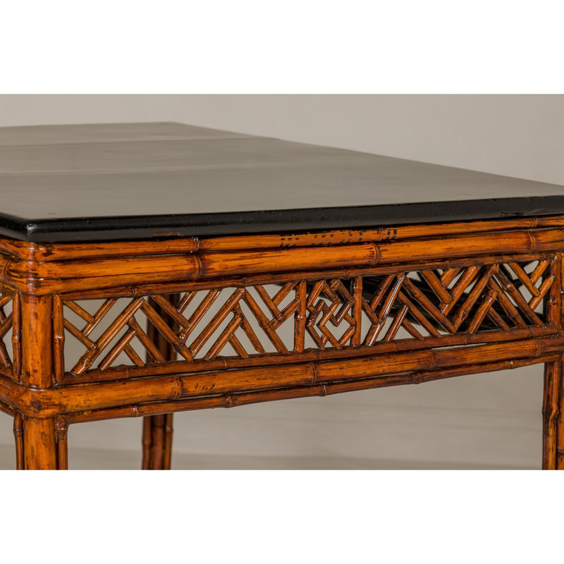 Bamboo Qing Dynasty Center Table with Geometric Apron and Black Lacquered Top-YN1416-12. Asian & Chinese Furniture, Art, Antiques, Vintage Home Décor for sale at FEA Home