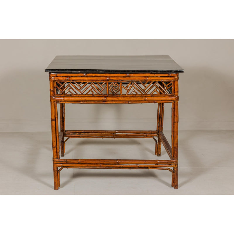 Bamboo Qing Dynasty Center Table with Geometric Apron and Black Lacquered Top-YN1416-14. Asian & Chinese Furniture, Art, Antiques, Vintage Home Décor for sale at FEA Home