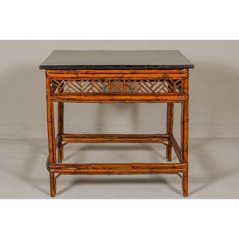 Bamboo Qing Dynasty Center Table with Geometric Apron and Black Lacquered Top-YN1416-15. Asian & Chinese Furniture, Art, Antiques, Vintage Home Décor for sale at FEA Home