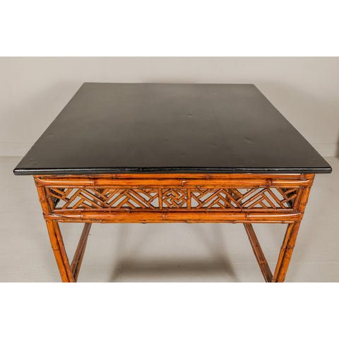 Bamboo Qing Dynasty Center Table with Geometric Apron and Black Lacquered Top-YN1416-16. Asian & Chinese Furniture, Art, Antiques, Vintage Home Décor for sale at FEA Home