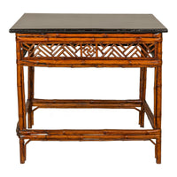 Bamboo Qing Dynasty Center Table with Geometric Apron and Black Lacquered Top
