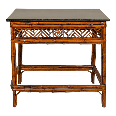 Bamboo Qing Dynasty Center Table with Geometric Apron and Black Lacquered Top-YN1416-17. Asian & Chinese Furniture, Art, Antiques, Vintage Home Décor for sale at FEA Home