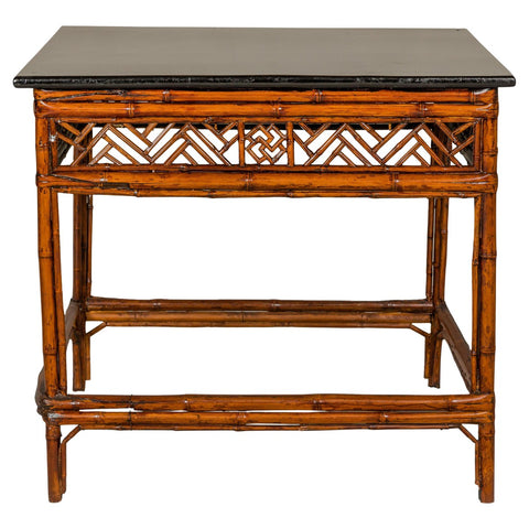 Bamboo Qing Dynasty Center Table with Geometric Apron and Black Lacquered Top-YN1416-1. Asian & Chinese Furniture, Art, Antiques, Vintage Home Décor for sale at FEA Home