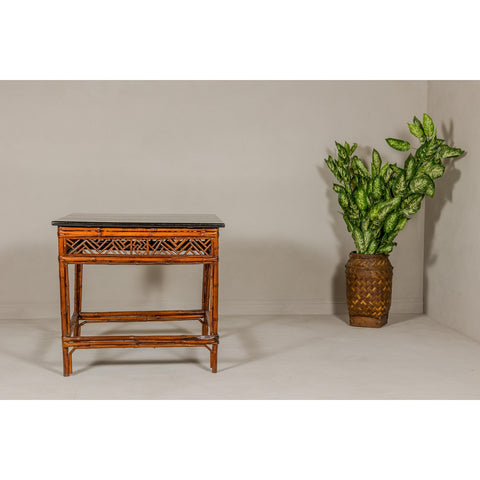 Bamboo Qing Dynasty Center Table with Geometric Apron and Black Lacquered Top-YN1416-4. Asian & Chinese Furniture, Art, Antiques, Vintage Home Décor for sale at FEA Home