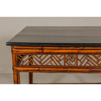 Bamboo Qing Dynasty Center Table with Geometric Apron and Black Lacquered Top