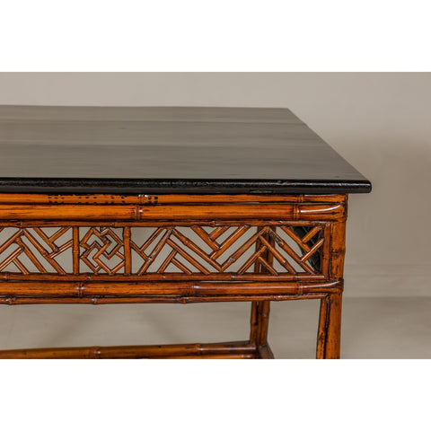 Bamboo Qing Dynasty Center Table with Geometric Apron and Black Lacquered Top-YN1416-6. Asian & Chinese Furniture, Art, Antiques, Vintage Home Décor for sale at FEA Home