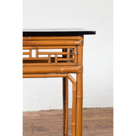 Chinese Late Qing Dynasty Bamboo Console Table with Black Lacquered Top-YN1480-10. Asian & Chinese Furniture, Art, Antiques, Vintage Home Décor for sale at FEA Home
