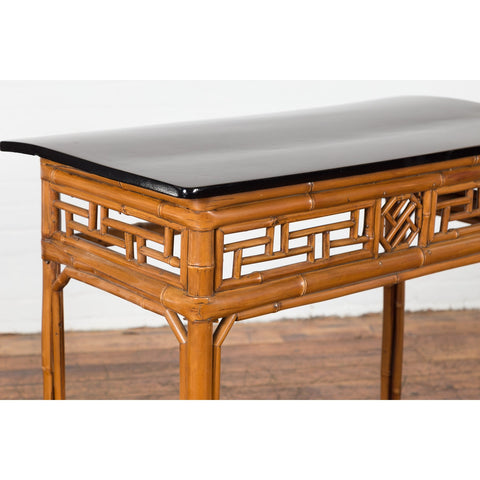 Chinese Late Qing Dynasty Bamboo Console Table with Black Lacquered Top-YN1480-14. Asian & Chinese Furniture, Art, Antiques, Vintage Home Décor for sale at FEA Home