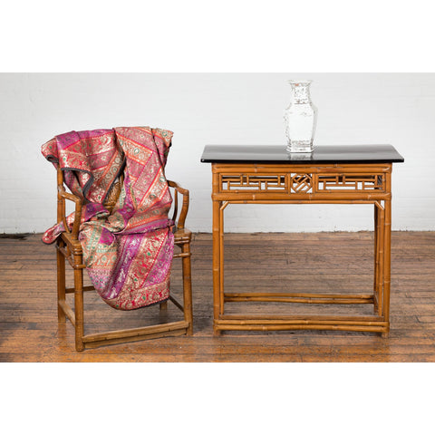 Chinese Late Qing Dynasty Bamboo Console Table with Black Lacquered Top-YN1480-3. Asian & Chinese Furniture, Art, Antiques, Vintage Home Décor for sale at FEA Home