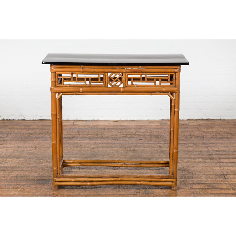 Chinese Late Qing Dynasty Bamboo Console Table with Black Lacquered Top-YN1480-4. Asian & Chinese Furniture, Art, Antiques, Vintage Home Décor for sale at FEA Home