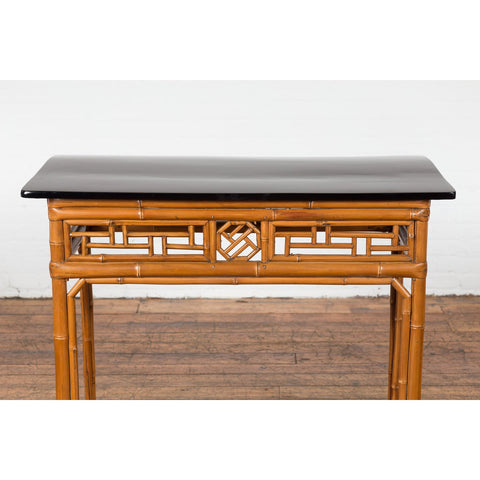 Chinese Late Qing Dynasty Bamboo Console Table with Black Lacquered Top-YN1480-5. Asian & Chinese Furniture, Art, Antiques, Vintage Home Décor for sale at FEA Home