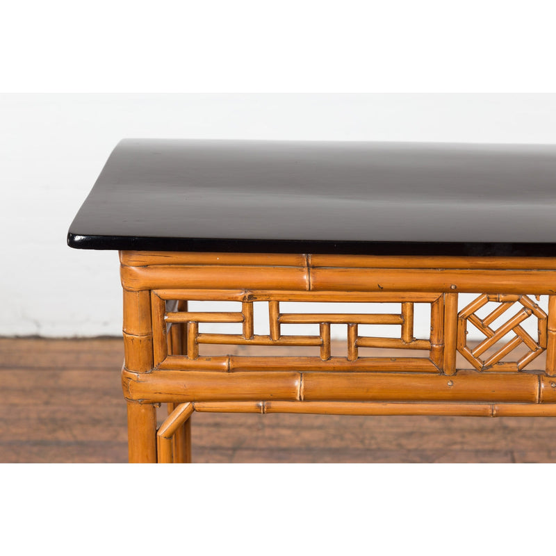 Chinese Late Qing Dynasty Bamboo Console Table with Black Lacquered Top-YN1480-6. Asian & Chinese Furniture, Art, Antiques, Vintage Home Décor for sale at FEA Home