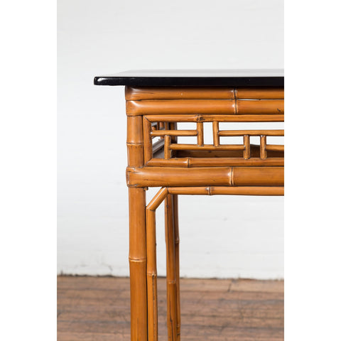 Chinese Late Qing Dynasty Bamboo Console Table with Black Lacquered Top-YN1480-9. Asian & Chinese Furniture, Art, Antiques, Vintage Home Décor for sale at FEA Home