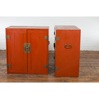 Pair of Chinese Vintage Red Lacquer Side Cabinets with Brass Hardware