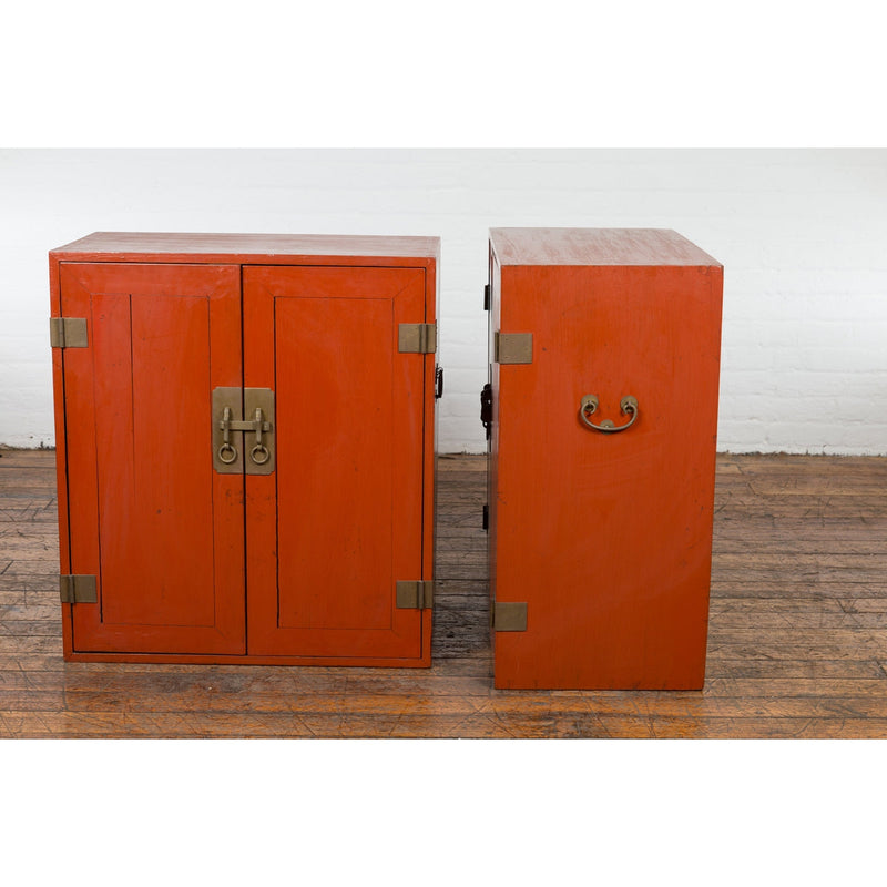 Pair of Chinese Vintage Red Lacquer Side Cabinets with Brass Hardware-YN1877-15. Asian & Chinese Furniture, Art, Antiques, Vintage Home Décor for sale at FEA Home