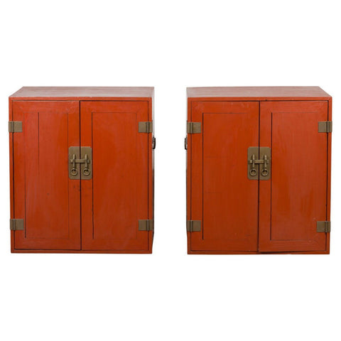 Pair of Chinese Vintage Red Lacquer Side Cabinets with Brass Hardware-YN1877-1. Asian & Chinese Furniture, Art, Antiques, Vintage Home Décor for sale at FEA Home