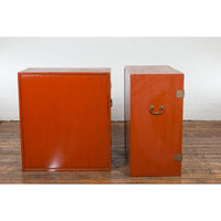 Pair of Chinese Vintage Red Lacquer Side Cabinets with Brass Hardware