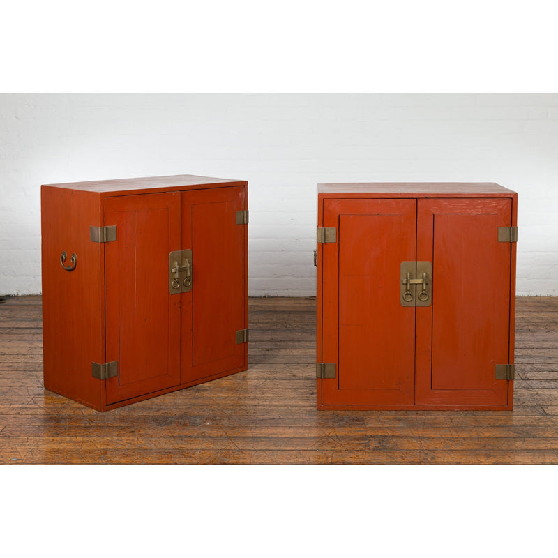 Pair of Chinese Vintage Red Lacquer Side Cabinets with Brass Hardware-YN1877-5. Asian & Chinese Furniture, Art, Antiques, Vintage Home Décor for sale at FEA Home