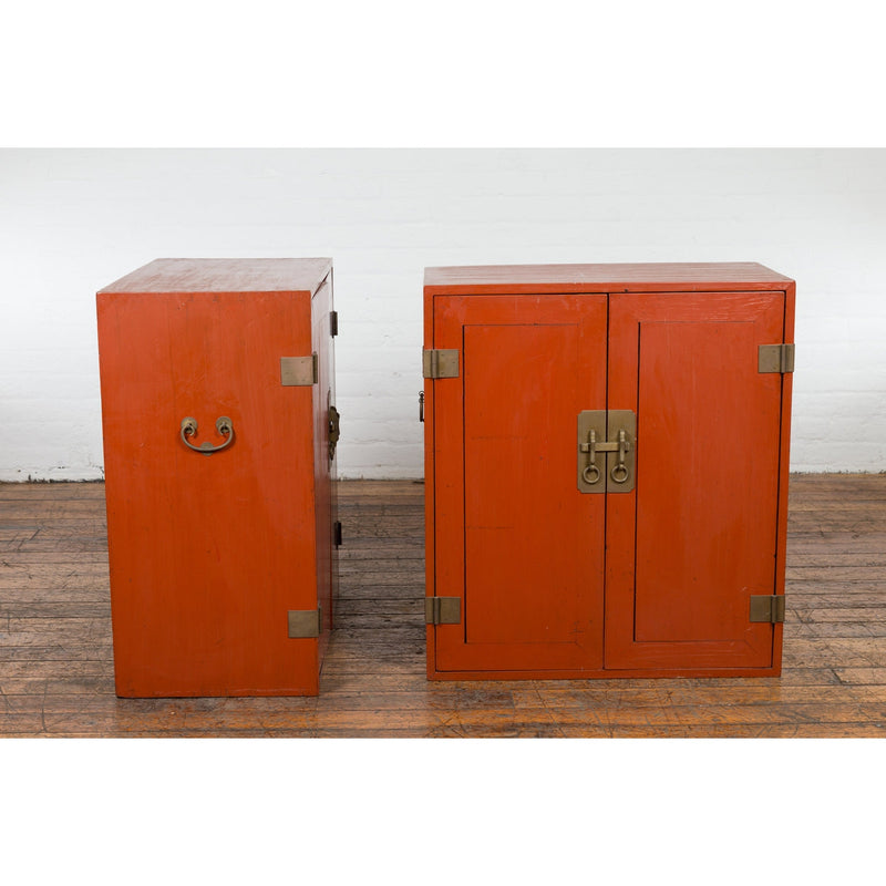 Pair of Chinese Vintage Red Lacquer Side Cabinets with Brass Hardware-YN1877-6. Asian & Chinese Furniture, Art, Antiques, Vintage Home Décor for sale at FEA Home