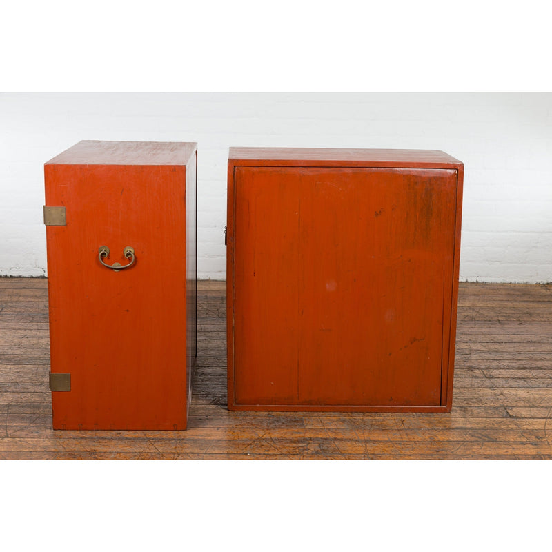 Pair of Chinese Vintage Red Lacquer Side Cabinets with Brass Hardware-YN1877-7. Asian & Chinese Furniture, Art, Antiques, Vintage Home Décor for sale at FEA Home