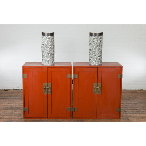 Pair of Chinese Vintage Red Lacquer Side Cabinets with Brass Hardware-YN1877-8. Asian & Chinese Furniture, Art, Antiques, Vintage Home Décor for sale at FEA Home