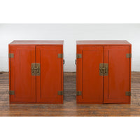 Pair of Chinese Vintage Red Lacquer Side Cabinets with Brass Hardware