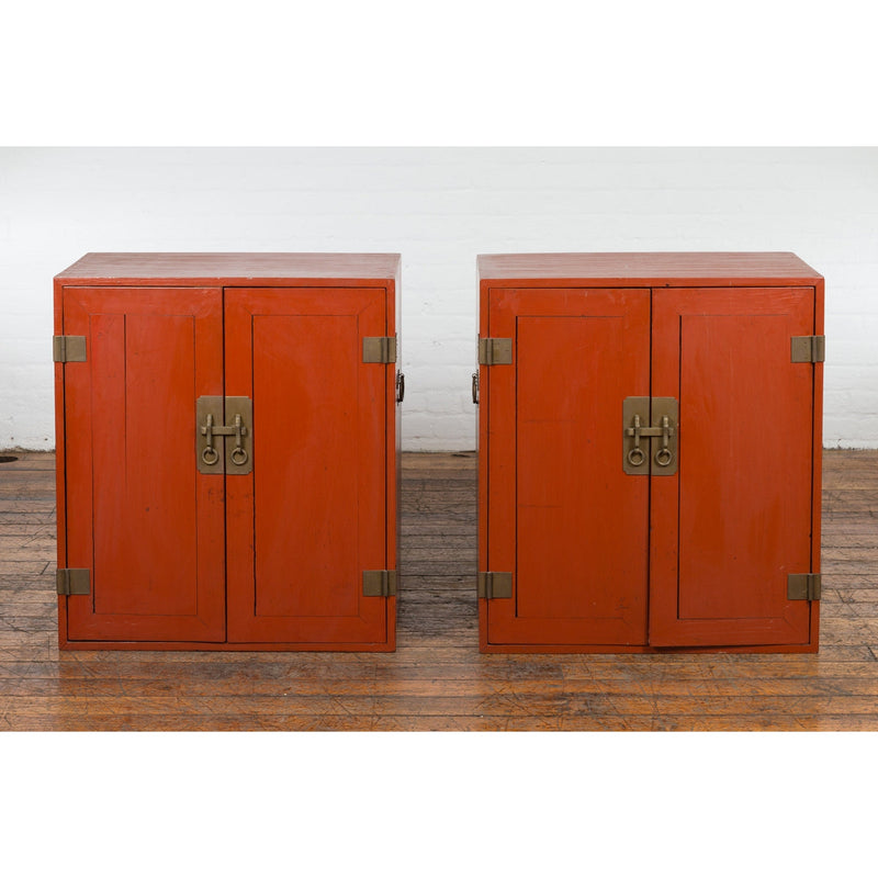 Pair of Chinese Vintage Red Lacquer Side Cabinets with Brass Hardware-YN1877-2. Asian & Chinese Furniture, Art, Antiques, Vintage Home Décor for sale at FEA Home