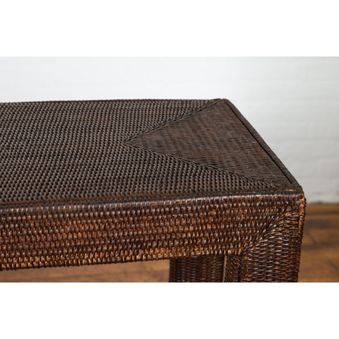 Rustic Vintage Thai Dark Brown Stained Woven Rattan Country Style Console Table-YN1920-10. Asian & Chinese Furniture, Art, Antiques, Vintage Home Décor for sale at FEA Home