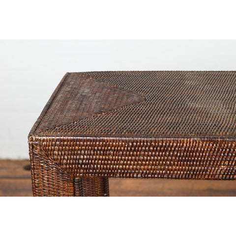 Rustic Vintage Thai Dark Brown Stained Woven Rattan Country Style Console Table-YN1920-9. Asian & Chinese Furniture, Art, Antiques, Vintage Home Décor for sale at FEA Home