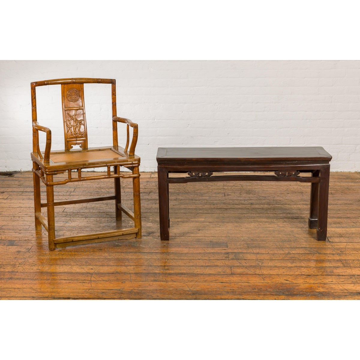 Antique Small Narrow Table with Rubbed Brown Patina and Carved Apron-2. Asian & Chinese Furniture, Art, Antiques, Vintage Home Décor for sale at FEA Home