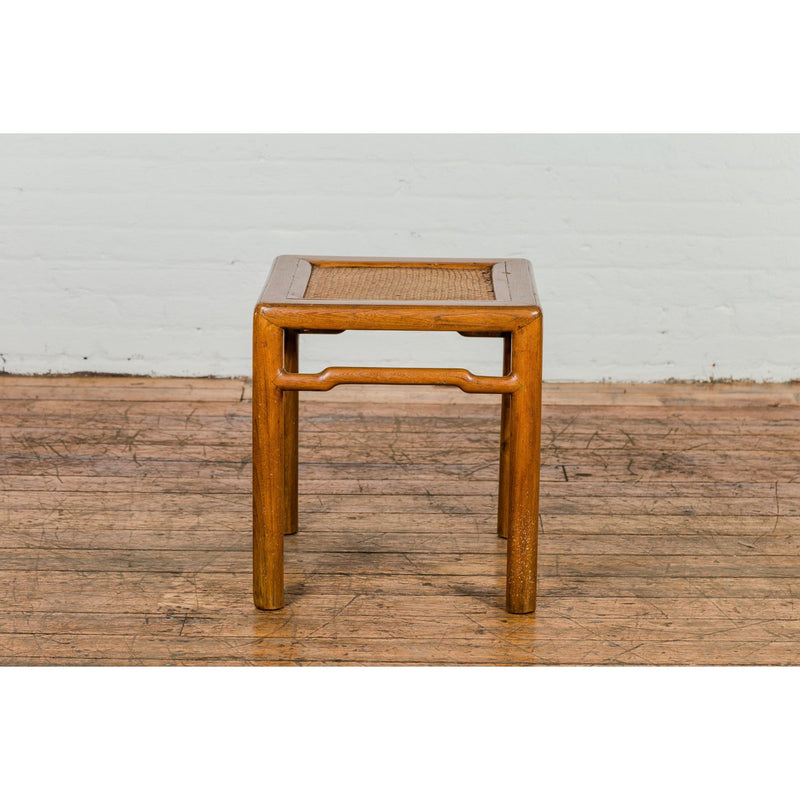 Antique Small Square Side Table with Rattan Insert and Humpback Stretcher-YN1964-18. Asian & Chinese Furniture, Art, Antiques, Vintage Home Décor for sale at FEA Home
