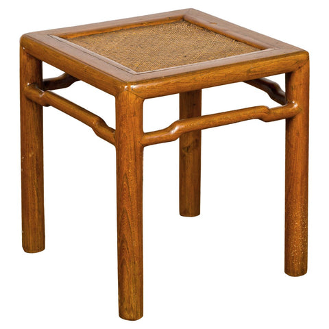 Antique Small Square Side Table with Rattan Insert and Humpback Stretcher-YN1964-1. Asian & Chinese Furniture, Art, Antiques, Vintage Home Décor for sale at FEA Home
