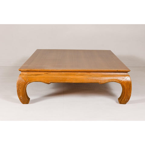 Large Light Brown Teak Vintage Coffee Table with Carved Chow Legs