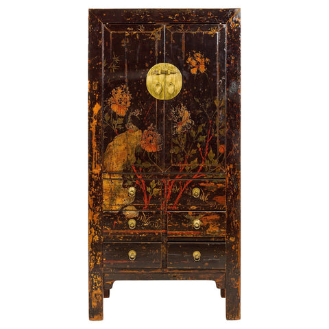 Qing Dynasty Hand-Painted Cabinet with Floral Décor, Doors and Drawers-YN2047-1. Asian & Chinese Furniture, Art, Antiques, Vintage Home Décor for sale at FEA Home
