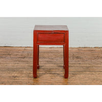 Late Qing Dynasty Red Lacquer Side Table with Single Drawer and Horse Hoof Feet