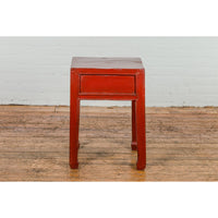 Late Qing Dynasty Red Lacquer Side Table with Single Drawer and Horse Hoof Feet