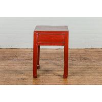 Late Qing Dynasty Red Lacquer Side Table with Single Drawer and Horse Hoof Feet