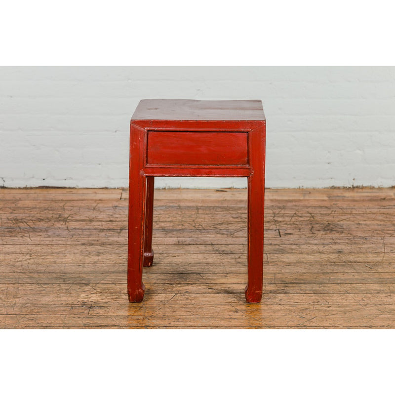 Late Qing Dynasty Red Lacquer Side Table with Single Drawer and Horse Hoof Feet-YN2118-12. Asian & Chinese Furniture, Art, Antiques, Vintage Home Décor for sale at FEA Home